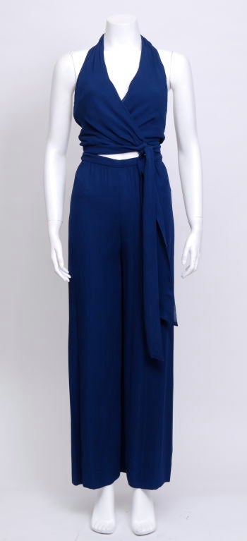70's Navy Two Piece Silk Halter Top Pant Suit