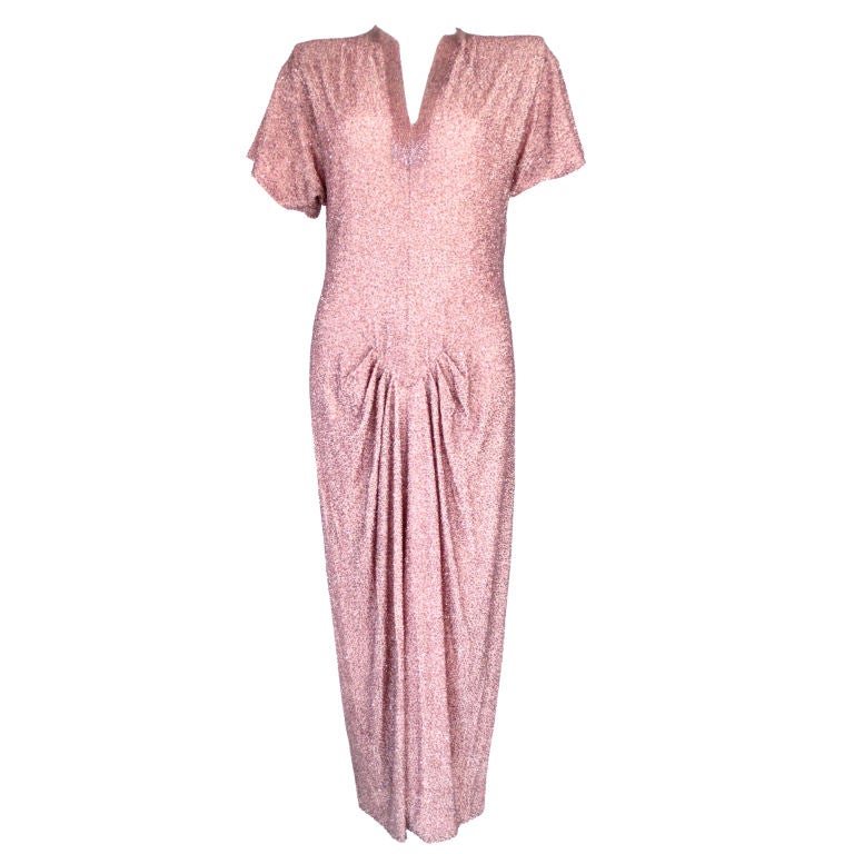 Pink Glass Beaded 40's Cap Sleeve Gown For Sale
