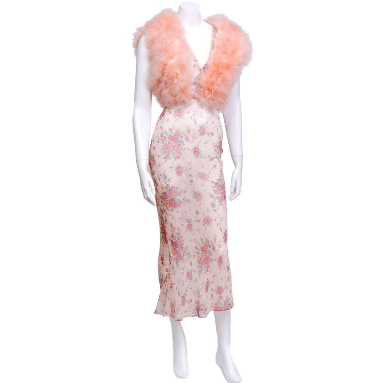 1930's Floral Slip with Pink Marabou Vest For Sale