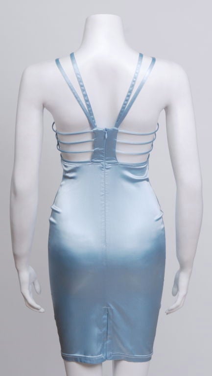 Futuristic baby blue stretch silk satin bondage dress with boned bands that wrap around the side of the body.