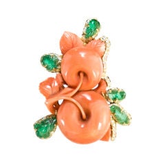 Carved Coral and Carved Emerald Brooch