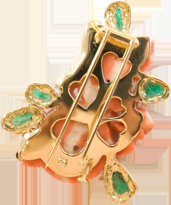 Carved Coral and Carved Emerald Brooch