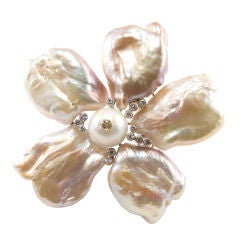 Biwa Pearls and Diamond Flower Brooch