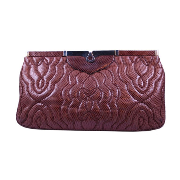 Judith Leiber Brown Karung Lizard Embroidered Clutch