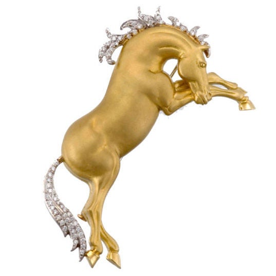 Gold Diamond Wild Mustang Horse Brooch / Pin For Sale