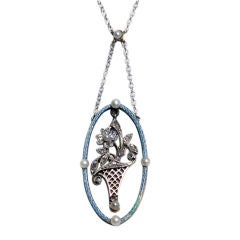 Edwardian Enamel Pearl Diamond Platinum Pendant