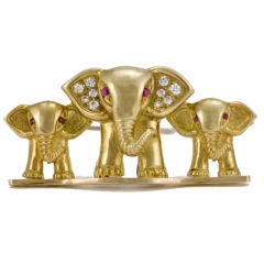 Lipten ELEPHANT FAMILY 18K GOLD DIAMOND RUBY BROOCH PIN