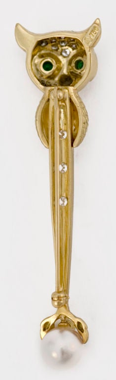 PLEASE VISIT LAUREN STANLEY IN NEW YORK<br />
<br />
Lapel owl brooch - pin - one-of-2-made - by Albert Lipten, of New York, with a long leg, the feet of the owl clutching a pearl with tsavorite eyes, with diamonds on the stick - leg and pave