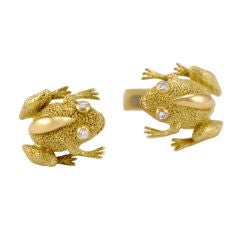 LIPTEN FROG CUFFLINKS 18K GOLD DIAMOND EYES LEFT RIGHT