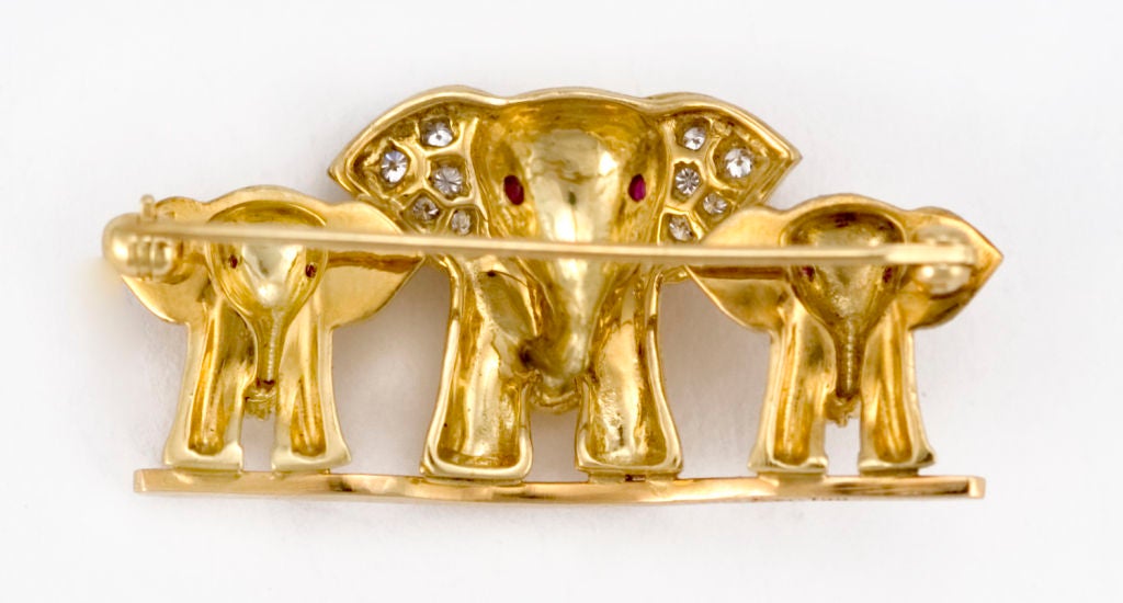 Lipten ELEPHANT FAMILY 18K GOLD DIAMOND RUBY BROOCH PIN