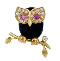 Albert Lipten: 18 Karat Gold DIAMOND SAPPHIRE ENAMEL OWL BROOCH PIN