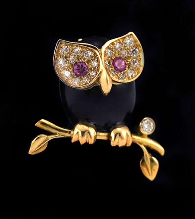 Albert Lipten: 18 Karat Gold DIAMOND SAPPHIRE ENAMEL OWL BROOCH PIN