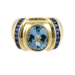 Lipten 18K GOLD AQUA MARINE RING SAPPHIRE BAGUETTES