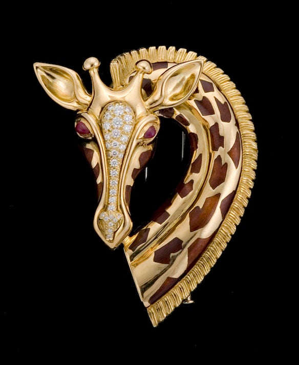 PLEASE VISIT LAUREN STANLEY IN NEW YORK<br />
<br />
A fine 18 karat gold, diamond, ruby and enamel brooch - pin - one-of-two-made - by Albert Lipten, of New York in the form of a giraffe with a diamond head and pear shaped ruby eyes, with