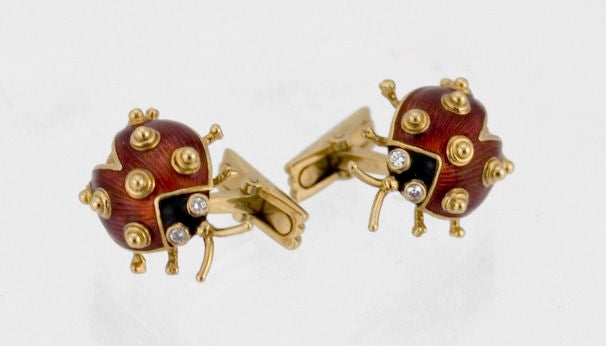 Lipten 18K GOLD DIAMOND ENAMEL LADY BUG CUFF LINKS