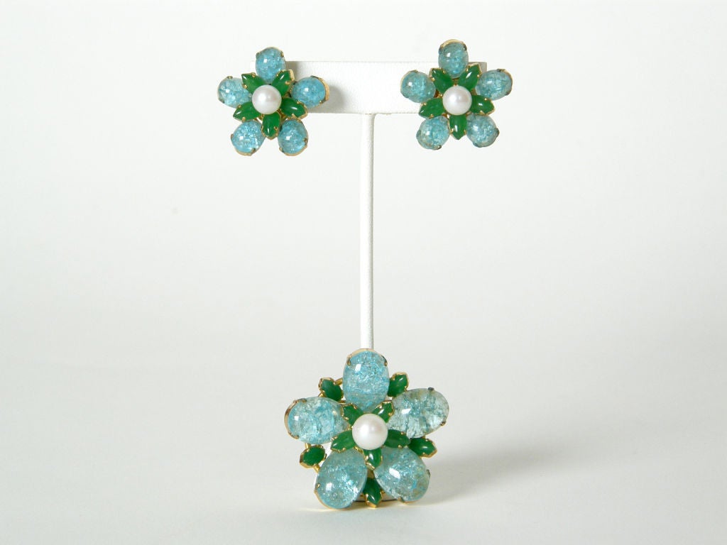 Women's Christian Dior Flower Brooch and Earrings Set