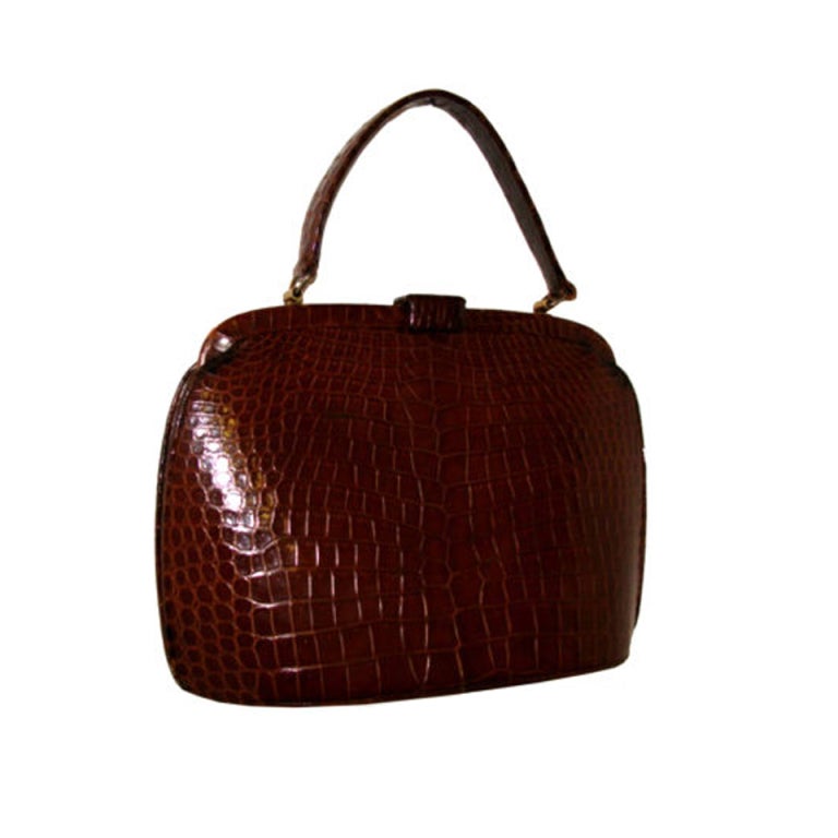 Brown Crocodile Handbag Purse by Nettie Rosenstein For Sale