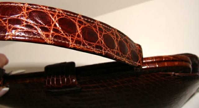 Women's Brown Crocodile Handbag Purse by Nettie Rosenstein For Sale