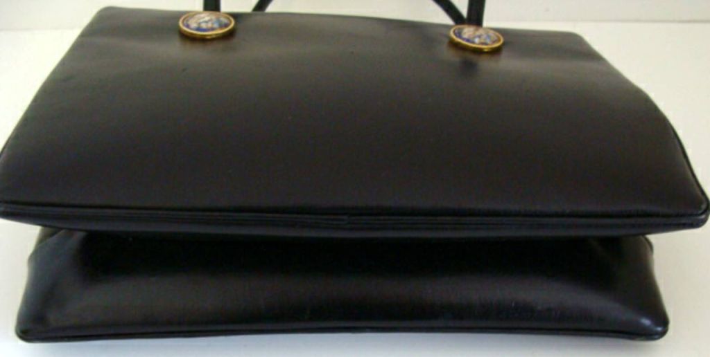 Black Leather Day - Evening Bag w/ Painted Porcelain Mounts 1950 For Sale 2