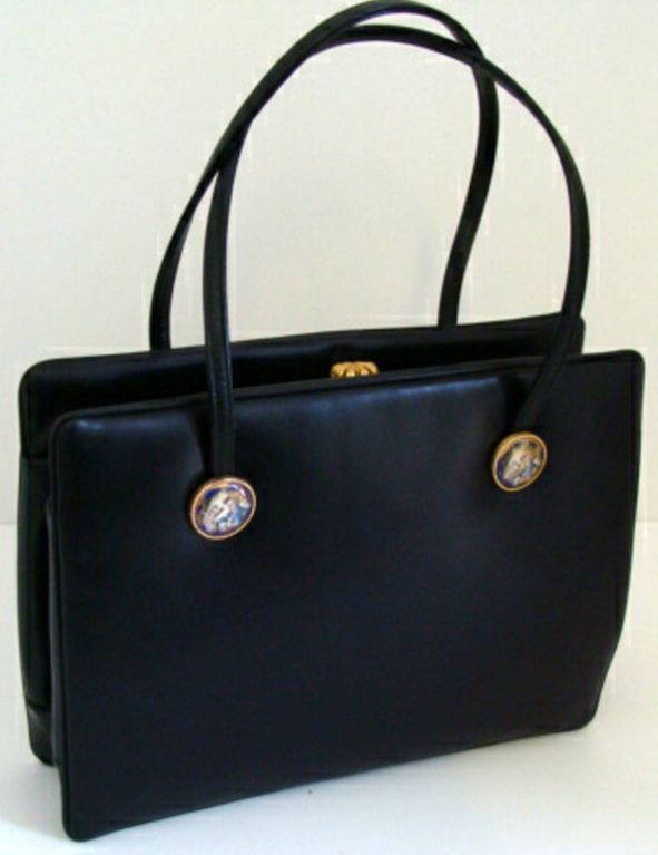Black Leather Day - Evening Bag w/ Painted Porcelain Mounts 1950 For Sale 7