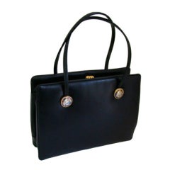 Black Leather Day - Evening Bag w/ Painted Porcelain Mounts 1950 11