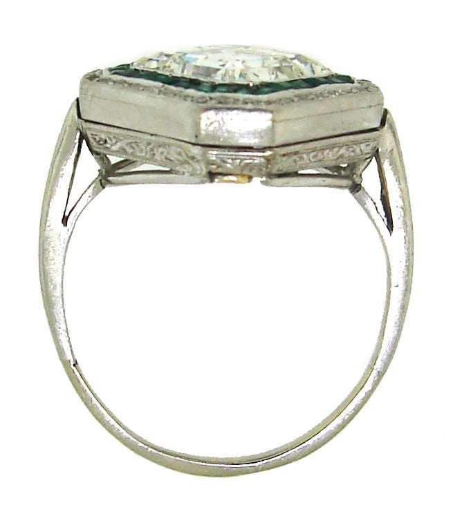 Art Deco 3.79 cts Asscher Cut Diamond, Emerald & Platinum Ring 3