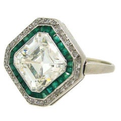 Art Deco 3.79 cts Asscher Cut Diamond, Emerald & Platinum Ring
