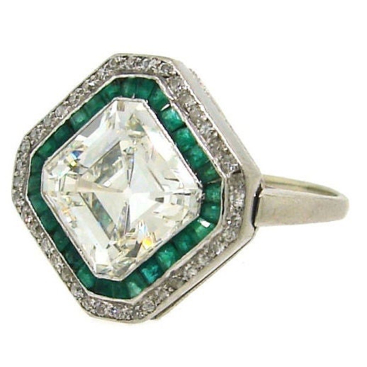 Art Deco 3.79 cts Asscher Cut Diamond, Emerald & Platinum Ring