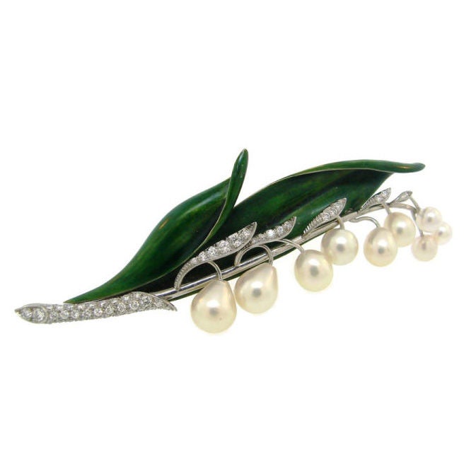 Lily Flower Baroque Pearl Diamond Brooch Pin 14k Yellow Gold