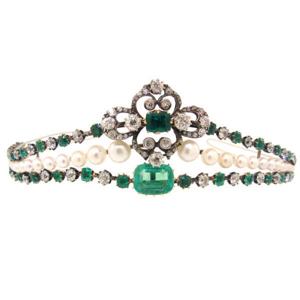 Victorian Diamond, Emerald, Pearl, Silver & Gold Tiara
