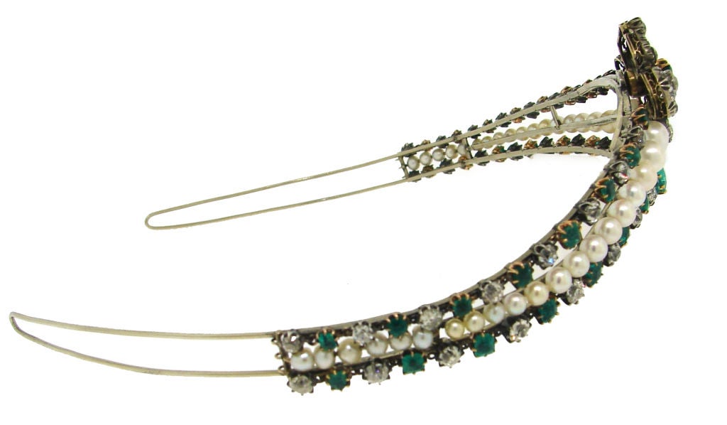 Women's Victorian Diamond, Emerald, Pearl, Silver & Gold Tiara