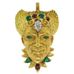 Diamond, Ruby, Emerald & Yellow Gold Mask Pendant by Wander