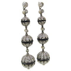 Art Deco Diamond, Black Enamel & Platinum Hanging Earrings