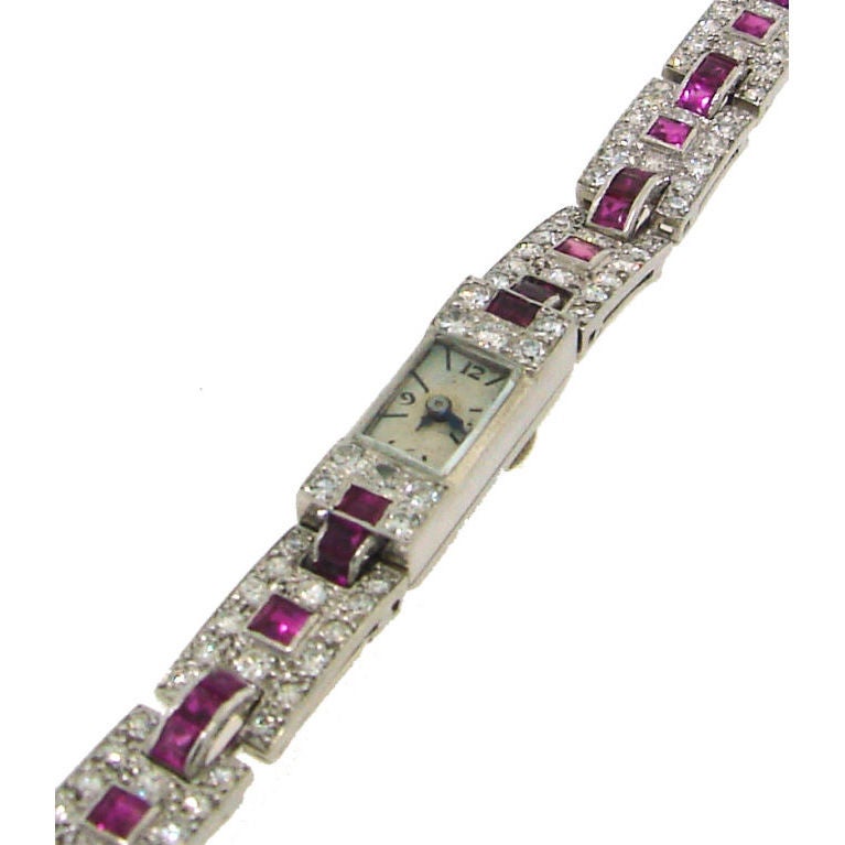 Art Deco Cartier Platinum Bracelet Wristwatch Diamond Ruby