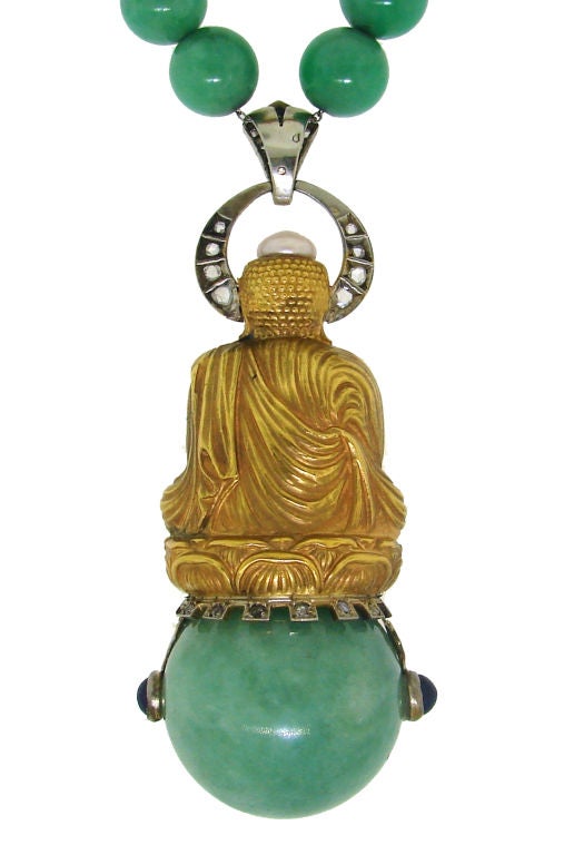 Women's Fabulous Art Deco Jade, Diamond, Lapis & Gold Buddha Necklace