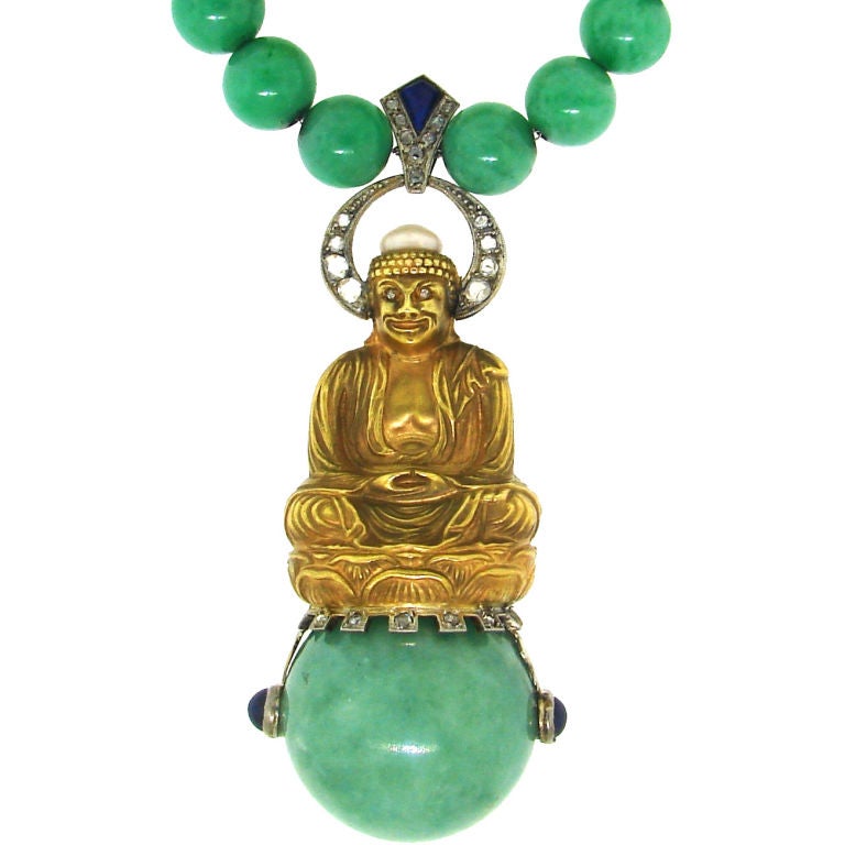 Fabulous Art Deco Jade, Diamond, Lapis & Gold Buddha Necklace