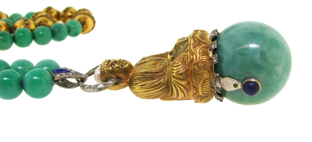 Fabulous Art Deco Jade, Diamond, Lapis & Gold Buddha Necklace 1