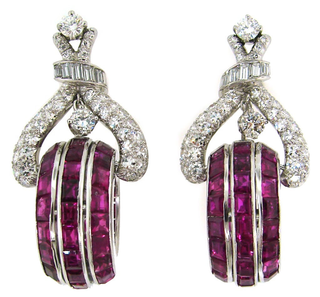 Vintage French cut Ruby Diamond Platinum Earrings In Excellent Condition For Sale In Beverly Hills, CA
