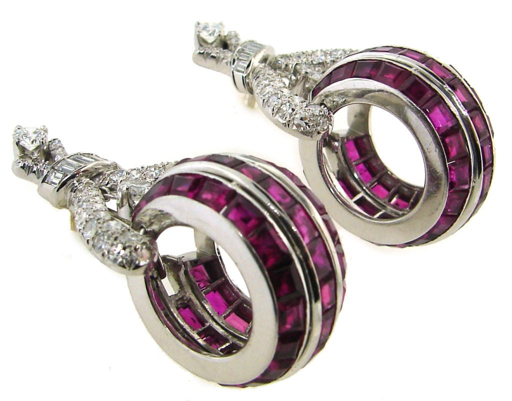 Women's Vintage French cut Ruby Diamond Platinum Earrings For Sale