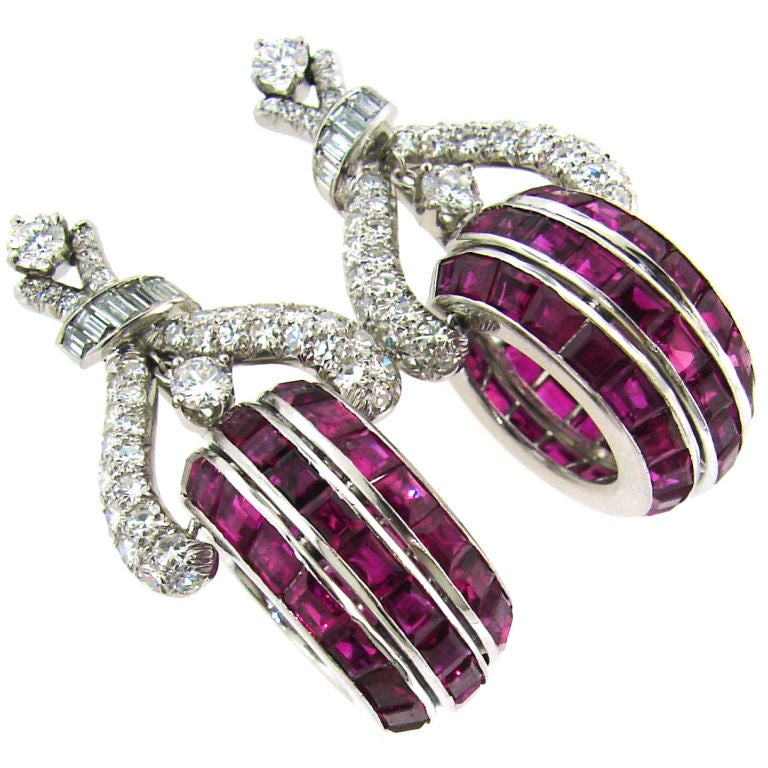 Vintage French cut Ruby Diamond Platinum Earrings For Sale