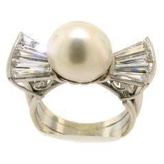 Vintage South Sea Pearl, Diamond Baguettes & White Gold Bow Ring