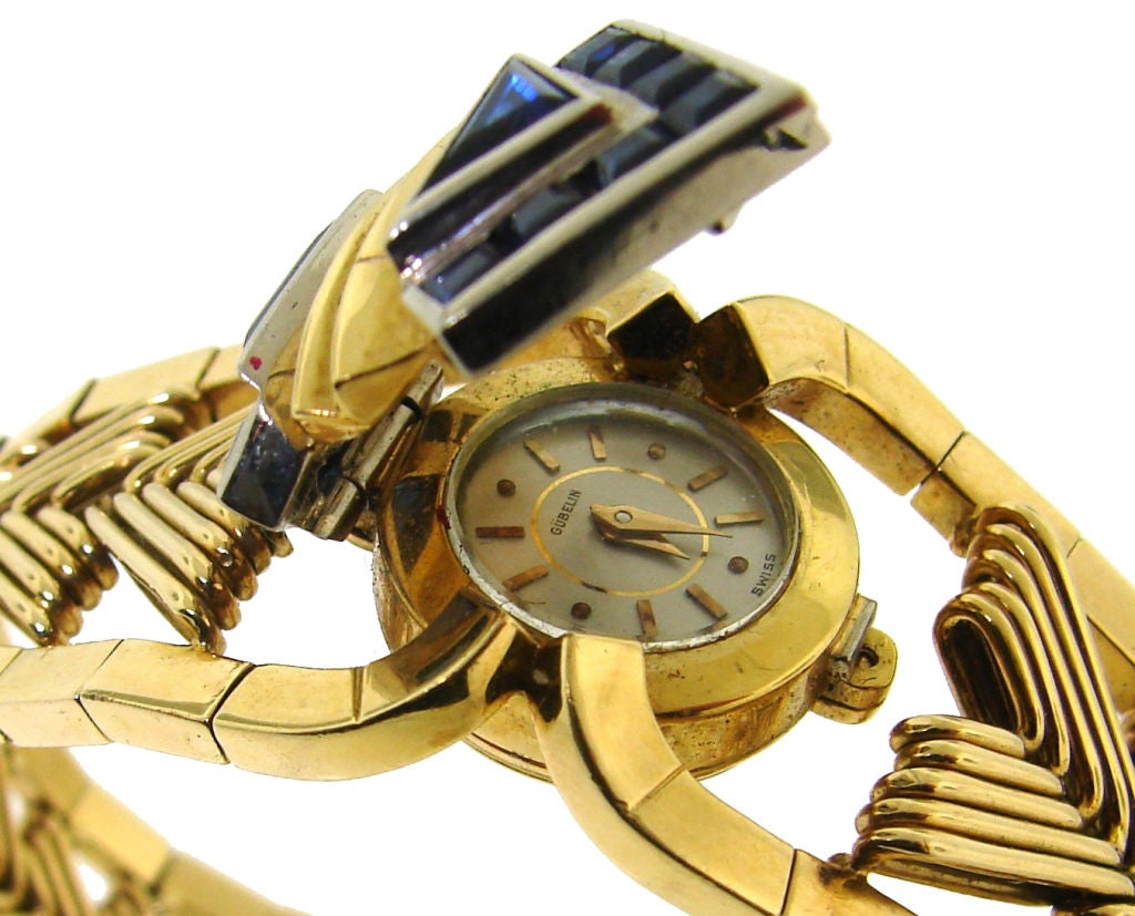 Retro Sapphire & Yellow Gold Watch / Bracelet by Gubelin 3