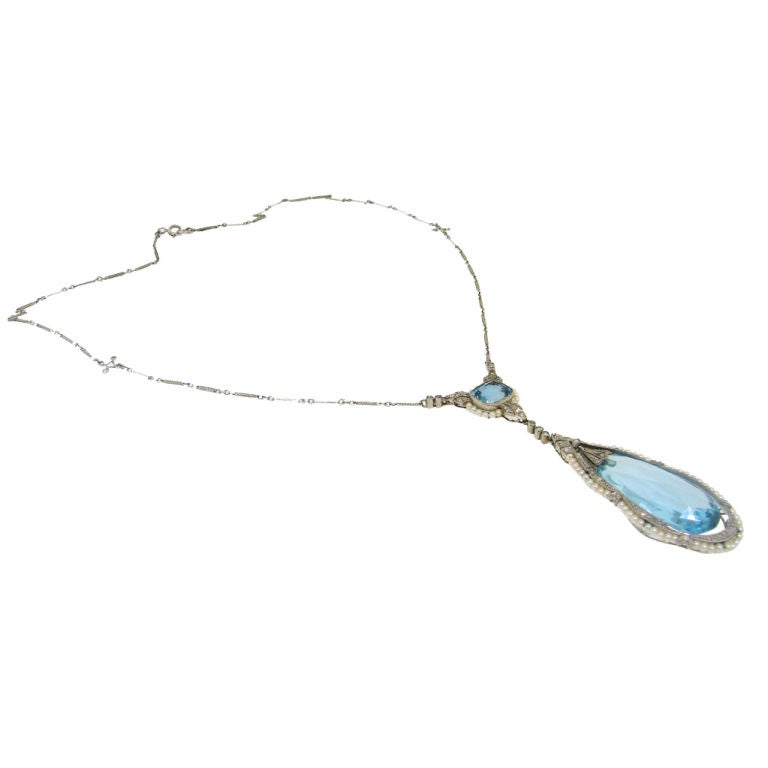 Edwardian Aquamarine, Seed Pearl, Diamond & Platinum Necklace