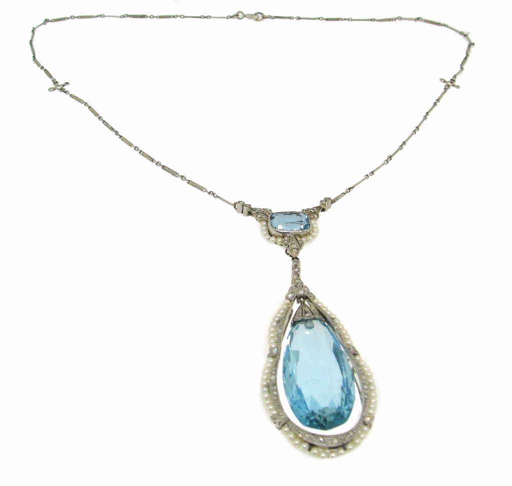 Women's Edwardian Aquamarine, Seed Pearl, Diamond & Platinum Necklace