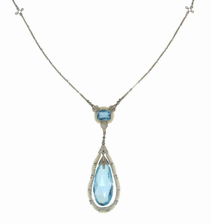 Edwardian Aquamarine, Seed Pearl, Diamond & Platinum Necklace 1