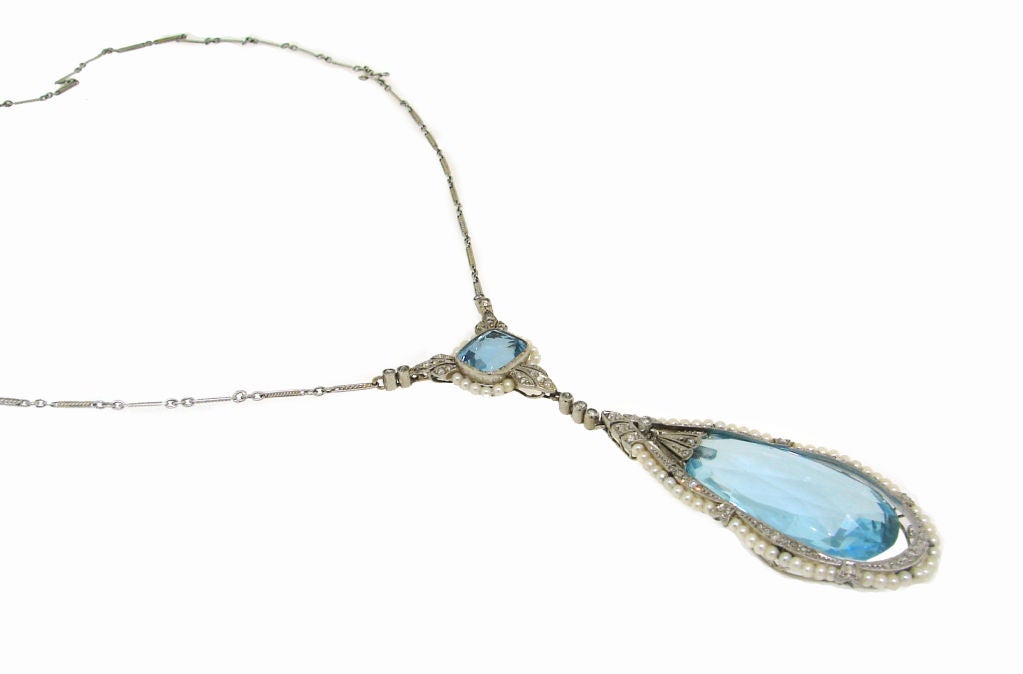Edwardian Aquamarine, Seed Pearl, Diamond & Platinum Necklace 2