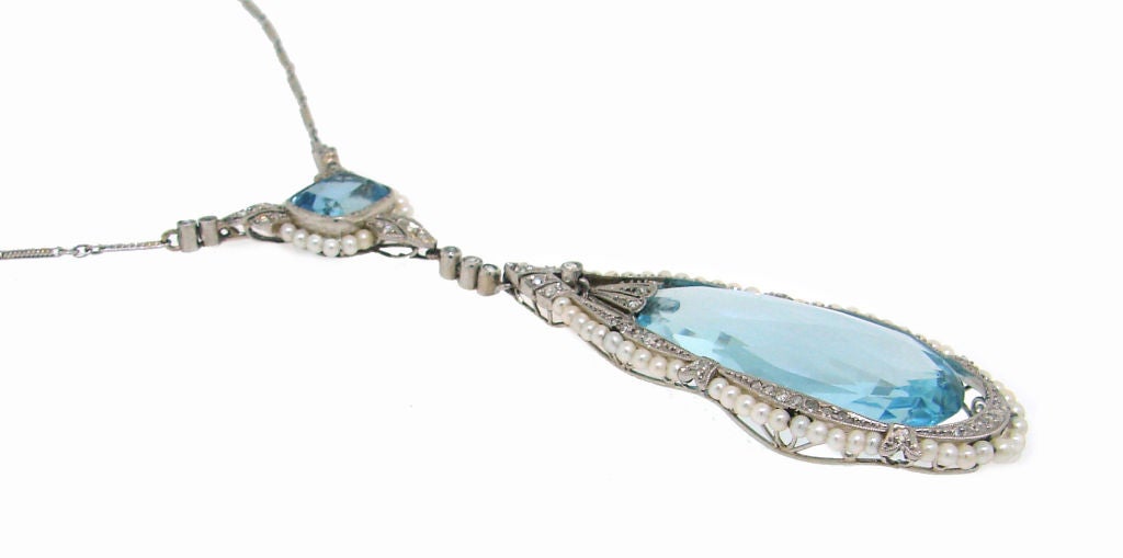 Edwardian Aquamarine, Seed Pearl, Diamond & Platinum Necklace 3