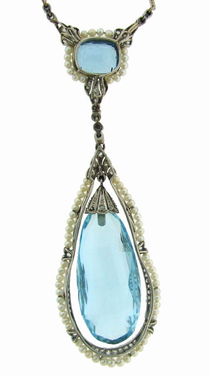 Edwardian Aquamarine, Seed Pearl, Diamond & Platinum Necklace 5