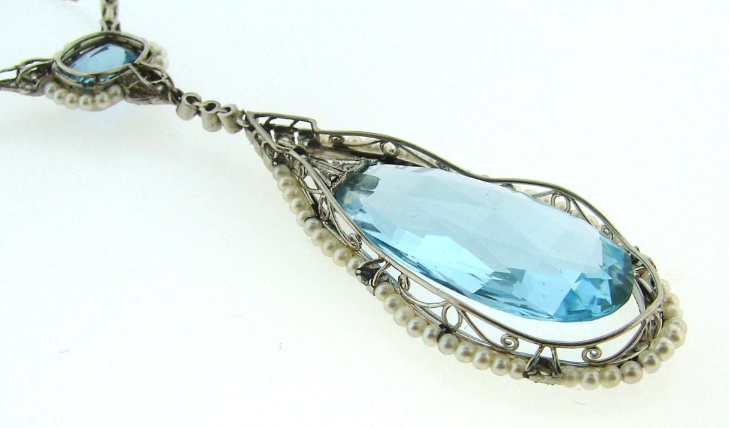 Edwardian Aquamarine, Seed Pearl, Diamond & Platinum Necklace 6