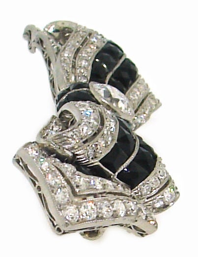 French Art Deco Black Onyx, Diamond & Platinum Bow Brooch